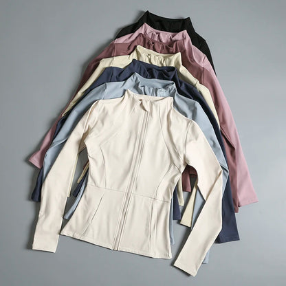 Ladies High Elastic Long Sleeve Stand-Up Collar Exercise Jacket